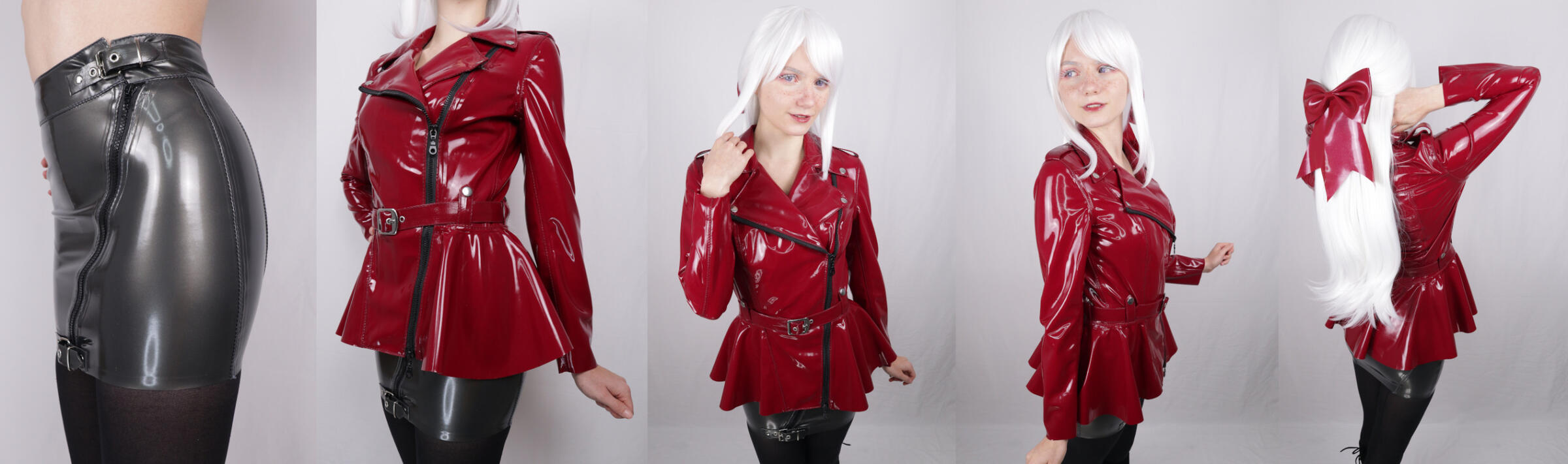 Photography pictures of MC, a Cosplayer of Akiko portraying Neva a mascot character of Akiko, in wine red shining luxury designer wear and different poses