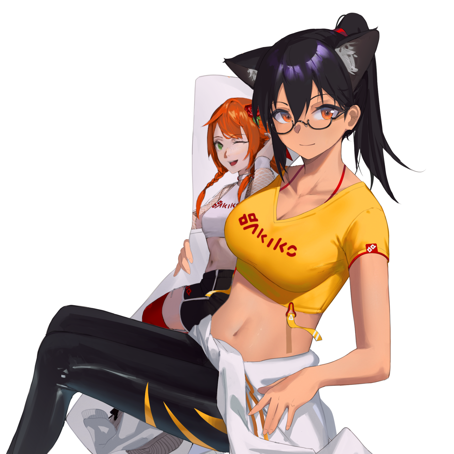 Anime Illustration of Iris Gataki, a tanned mascot character of Akiko, wearing a sporty yellow top and shiny black leggins with a yellow slashed claw pattern, a white track jacket is tied around her waist She holds a Dakimakura of Elena de Haes.