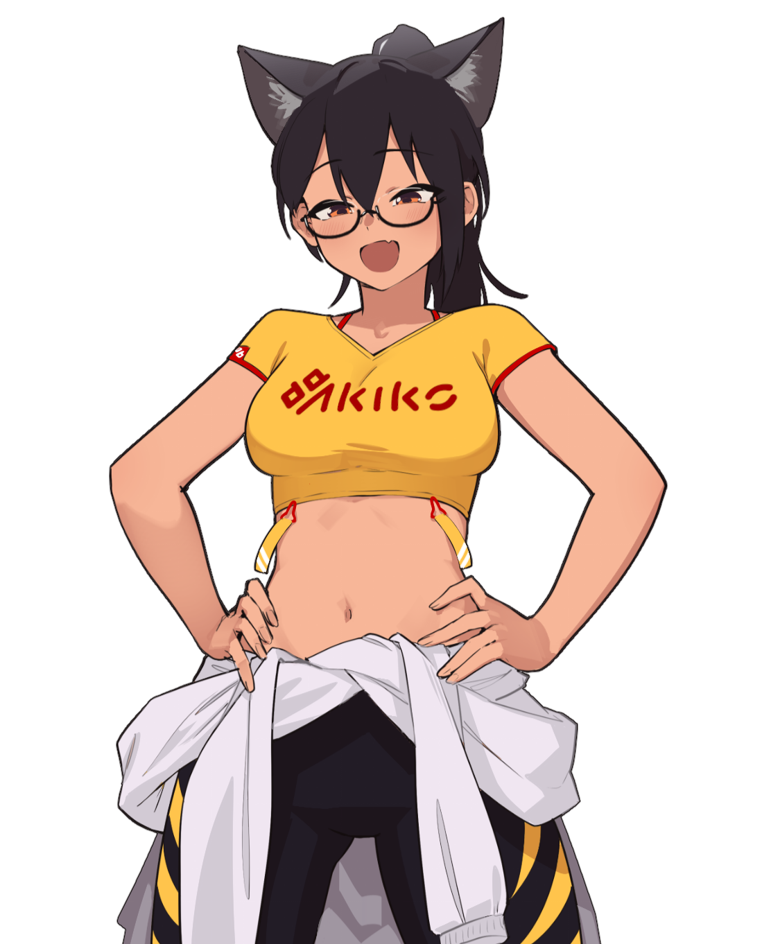 Anime Illustration of Iris Gataki, a tanned mascot character of Akiko, wearing a sporty yellow top and shiny black leggins with a yellow slashed claw pattern, a white track jacket is tied around her waist She holds a Dakimakura of Elena de Haes.