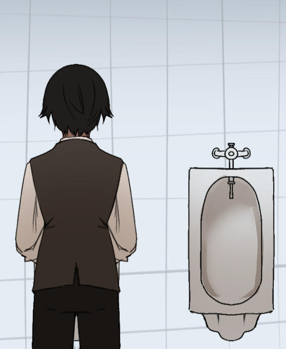 James Balgair Anime Illustration of James Balgair, a mascot character of Akiko, standing inside of a mens toilet with his back turned to the viewer. He is wearing a beige shirt with brown waistcoat and black pants.