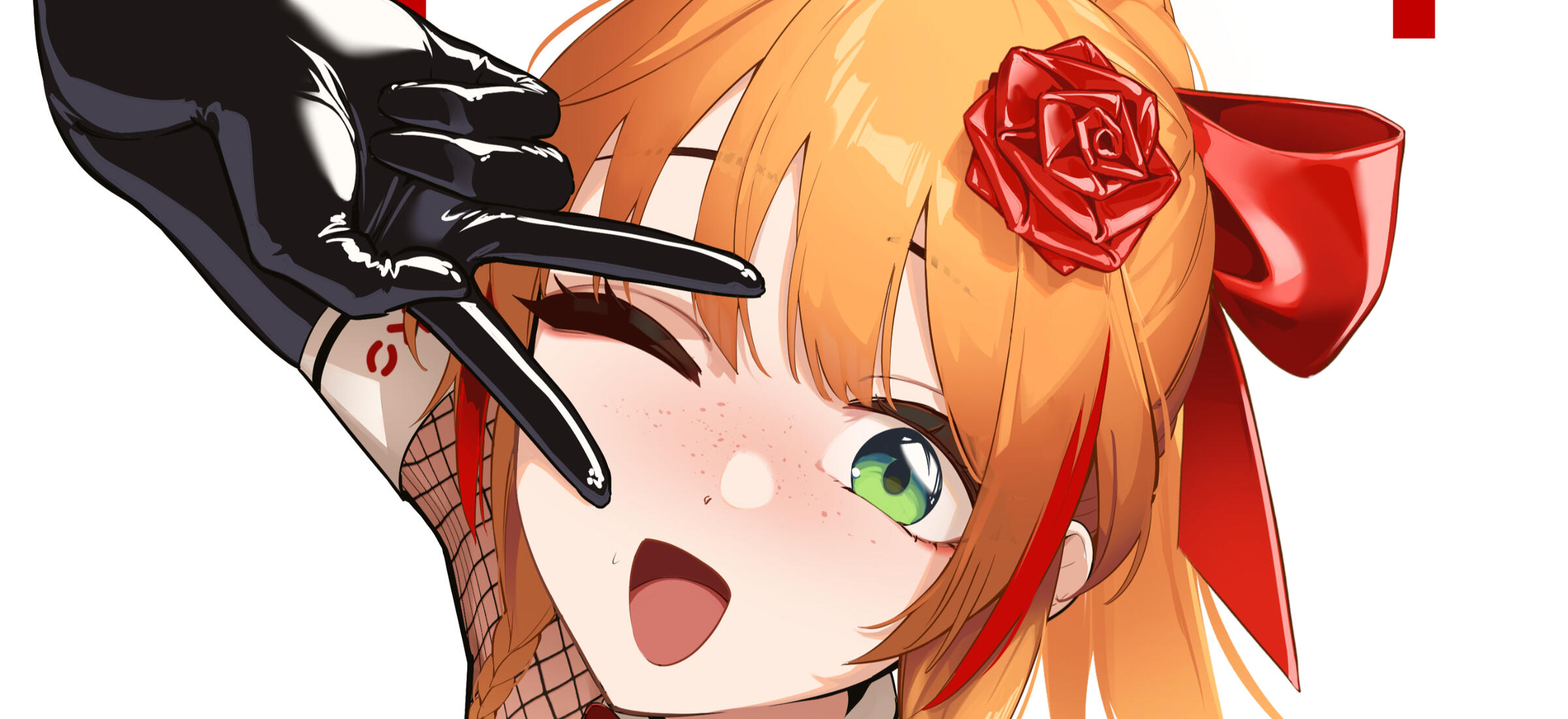 Closeup Anime Illustration of Elena de Haes face with her arms extended upwards stretching herself and her orange hair features a shiny red rose with green petals. She is the mascot character of Akiko.