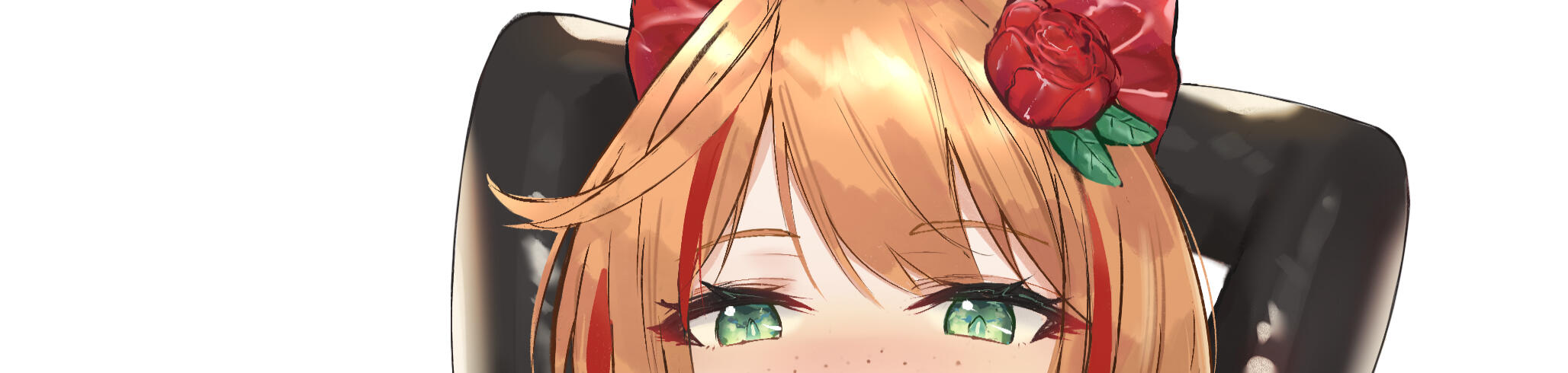Closeup Anime Illustration of Elena de Haes face with her arms extended upwards stretching herself and her orange hair features a shiny red rose with green petals. She is the mascot character of Akiko.