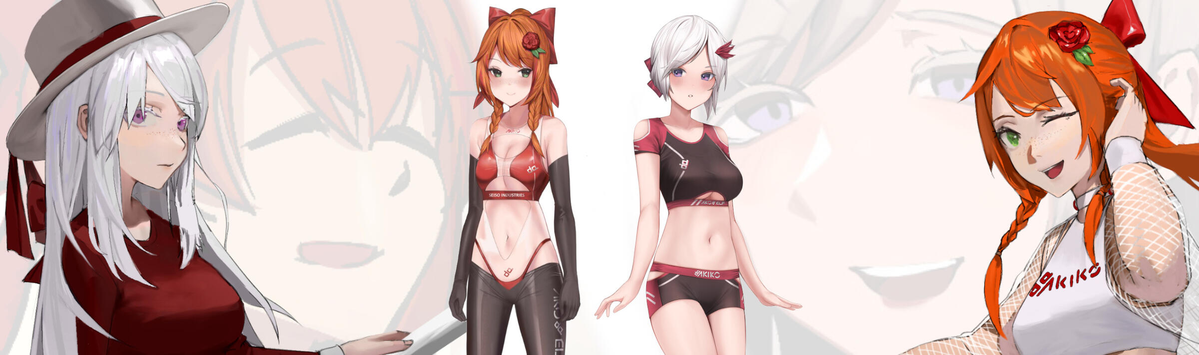 Anime Illustration of Elena & Neva de Haes two anime mascot characters of Akiko portrayed in sporty swimwear with two close up portraits on each side.