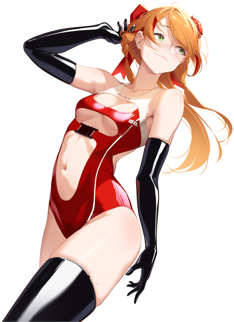 Anime Illustration of Elena de Haes, the main mascot character of Akiko, wearing a sporty casual outfit with a white branded top, a white net hoodie, black branded shorts, red shining stockings, branded socks and sneakers.