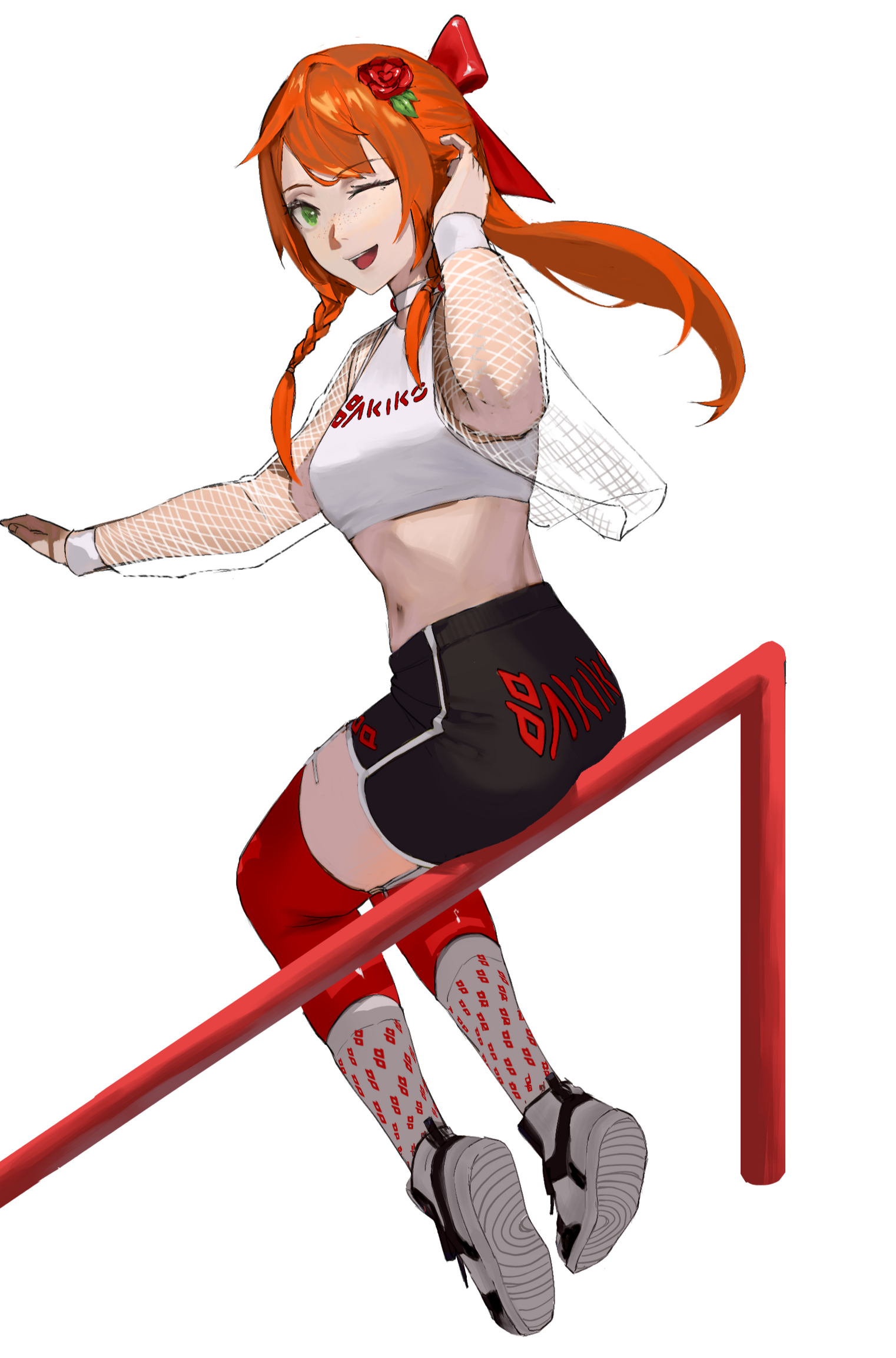 Anime Illustration of Elena de Haes, the main mascot character of Akiko, wearing a sporty casual outfit with a white branded top, a white net hoodie, black branded shorts, red shining stockings, branded socks and sneakers.