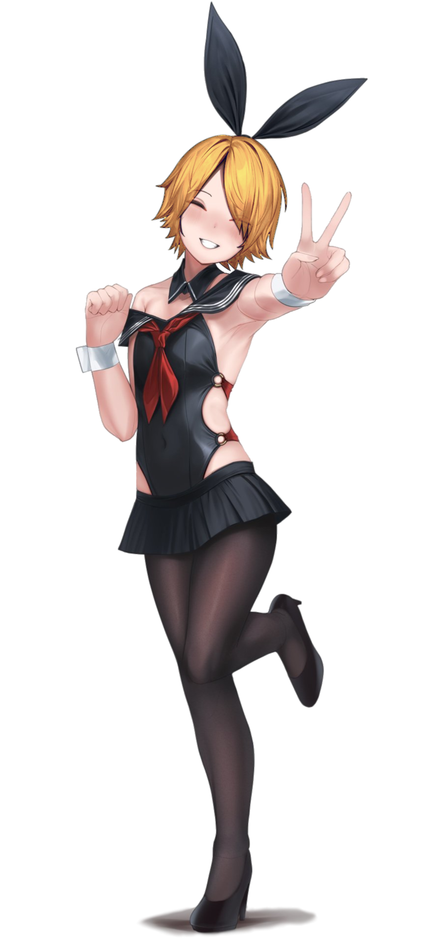 Silvan Wilk Anime Illustration of Silvan Wilk, a mascot character of Akiko, wearing a sailor bunny cosplay costume with a black miniskirt, black tights and showing a peace sign with an extended arm.