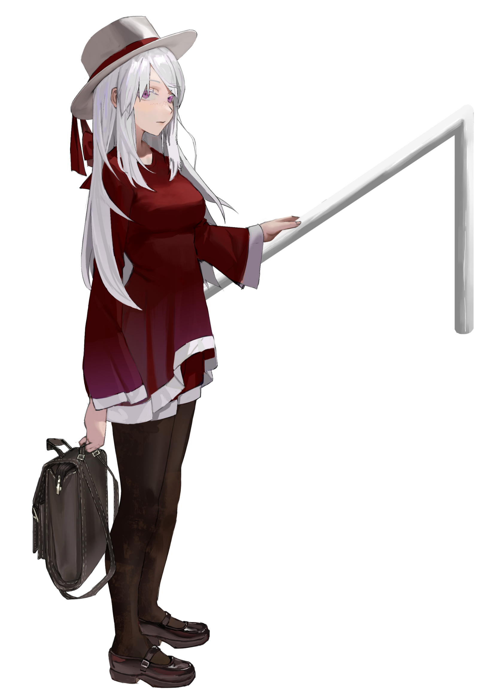 Neva de Haes Anime Illustration of Neva de Haes, a mascot character of Akiko, wearing a casual wine red dress, shorts with white rims and black tights holding a brown backpack in her right hand.