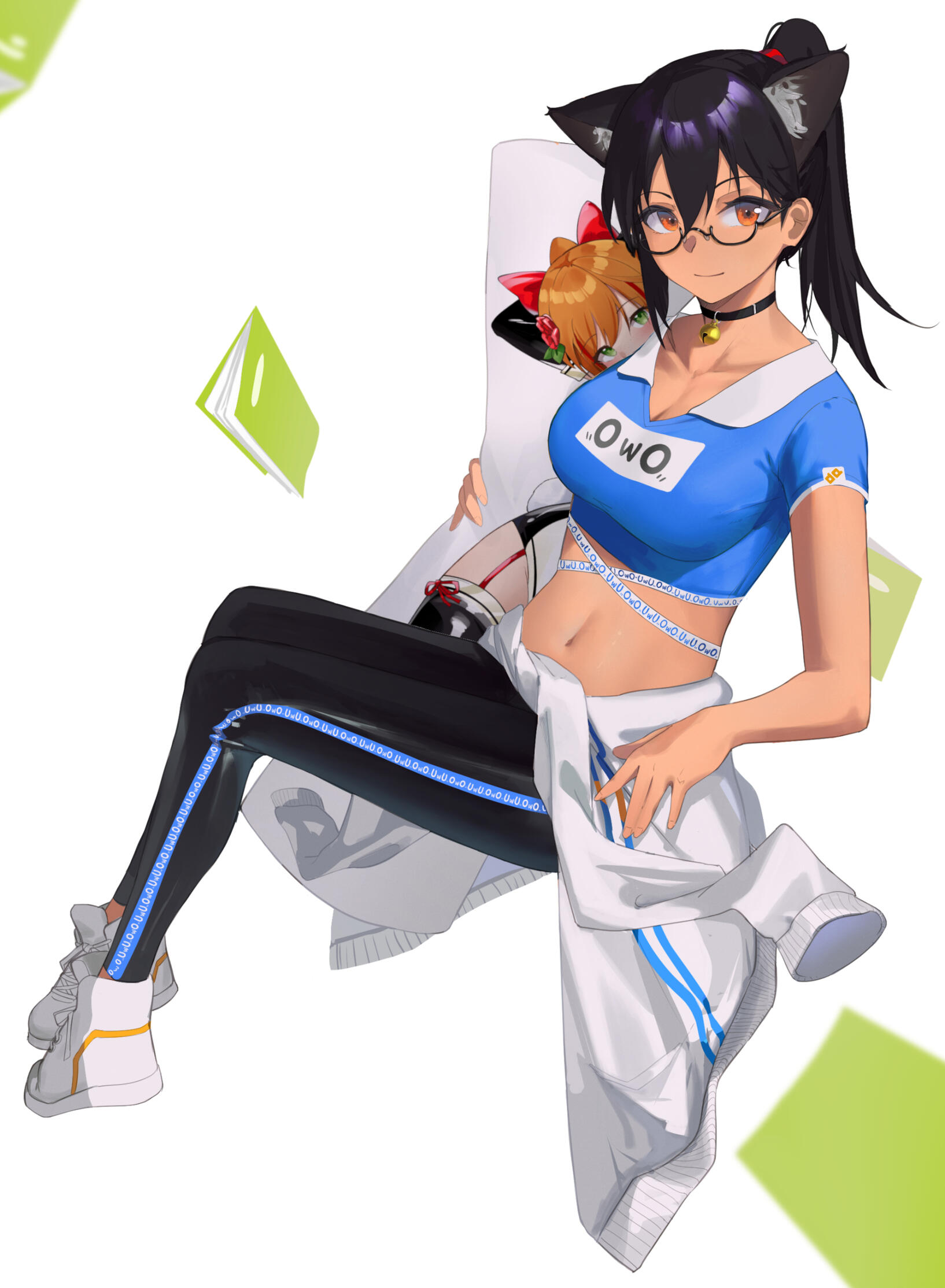 Anime Illustration of Iris Gataki, a tanned mascot character of Akiko, wearing a sporty blue top and shiny black leggins with a blue deco line, a white track jacket is tied around her waist. She holds a Dakimakura of Elena de Haes.
