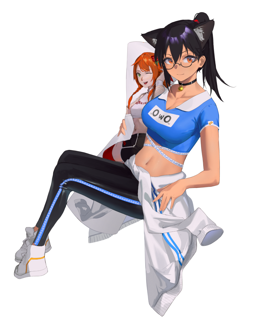 Anime Illustration of Iris Gataki, a tanned mascot character of Akiko, wearing a sporty blue top and shiny black leggins with a blue deco line, a white track jacket is tied around her waist. She holds a Dakimakura of Elena de Haes.